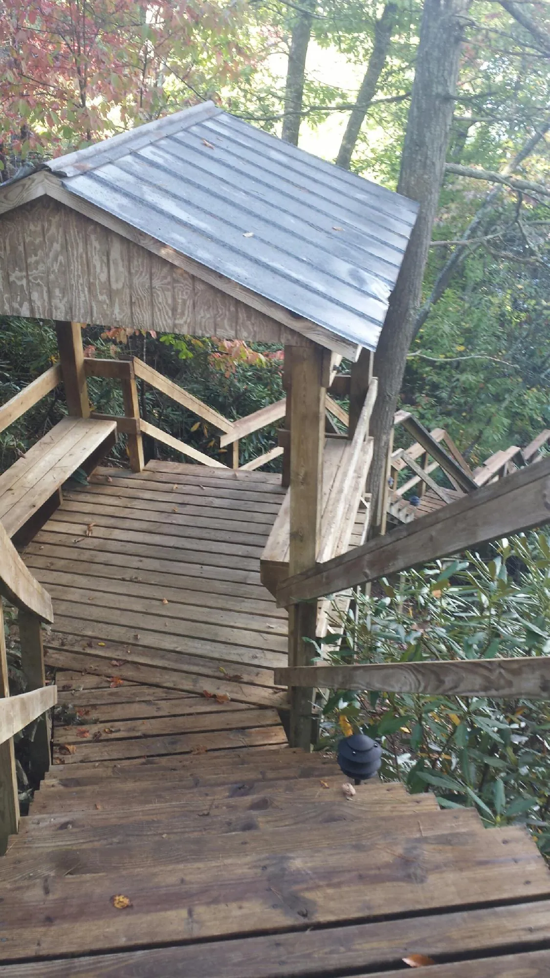 Metal roofed shelter over wooden steps on a wooded walkway — Skylight Repair & Installation work by our crew in Burns